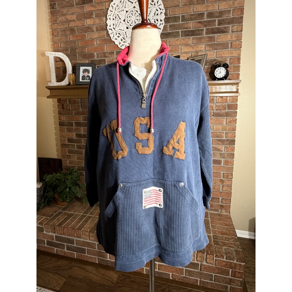 Liz & Co Quarter Zip Pullover Womens Blue USA Patch Vintage Small Petite